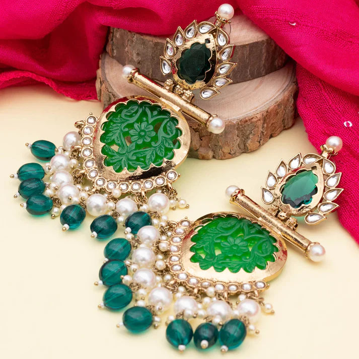 Tehzeeb Creations Latest Gold Polish Kundan & Pearl Studded Designer Drop Long Earrings For Women And Girls Green - Distacart