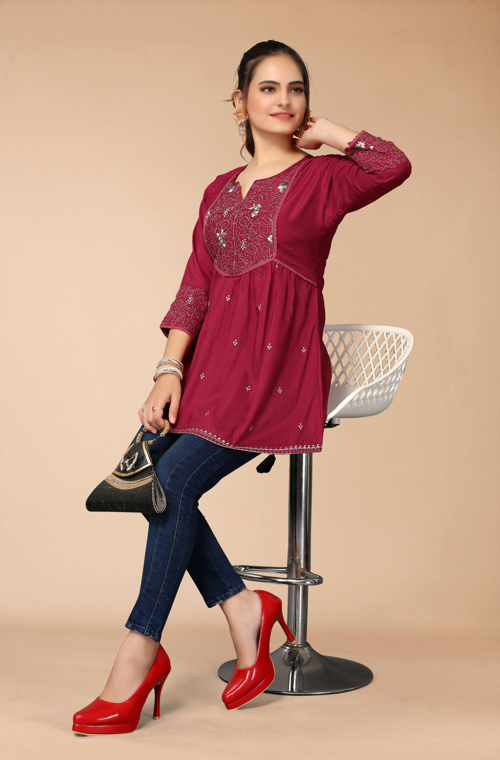 Women's Maroon Viscose blend Embroidered Short Top - Marina