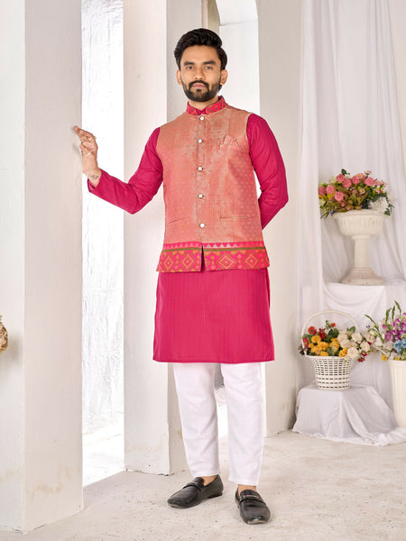 Anaita Peach Cotton Straight Kurta Pajama & Koti With Jequard Work
