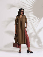 trueBrowns Brown Slub Highslit Kurta Set - Distacart