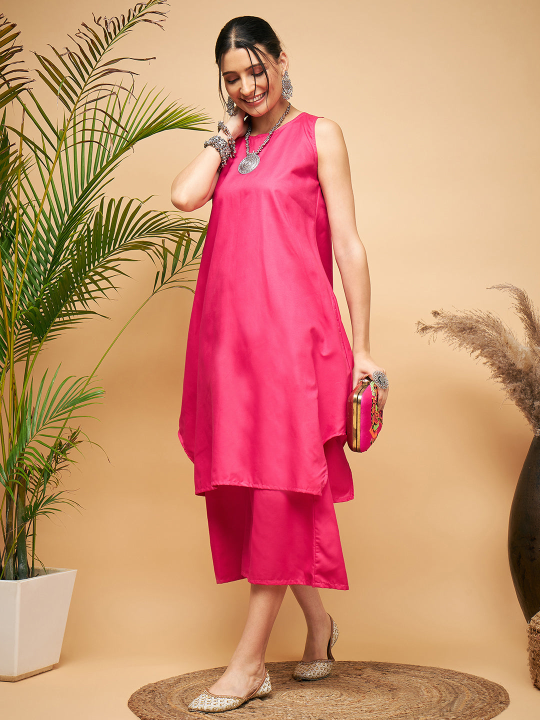 InWeave Women's Fuchsia Short Kurta Palazzo Set
