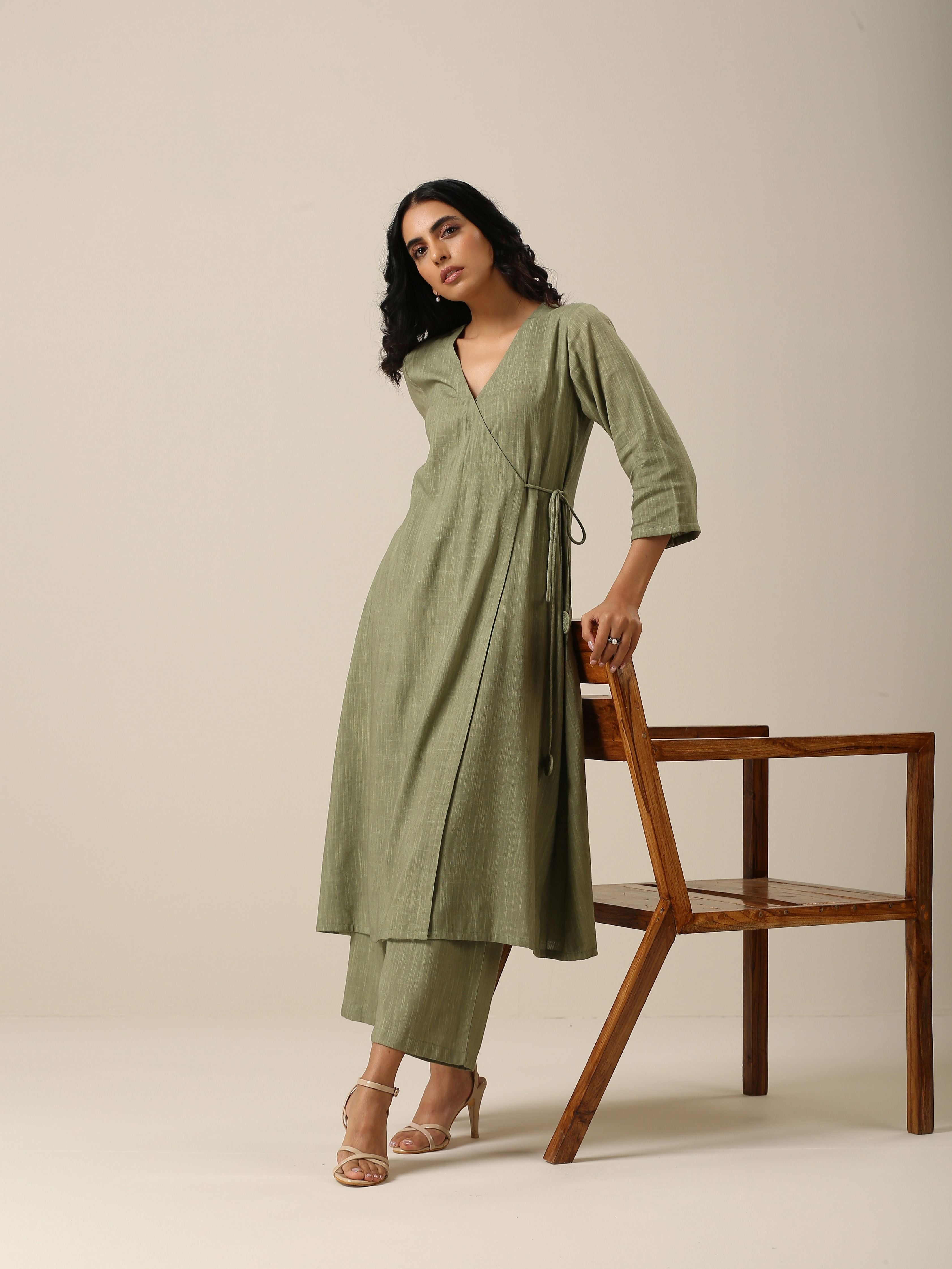trueBrowns Sage Slub Texture Angrakha Pant Set | Relove - Distacart
