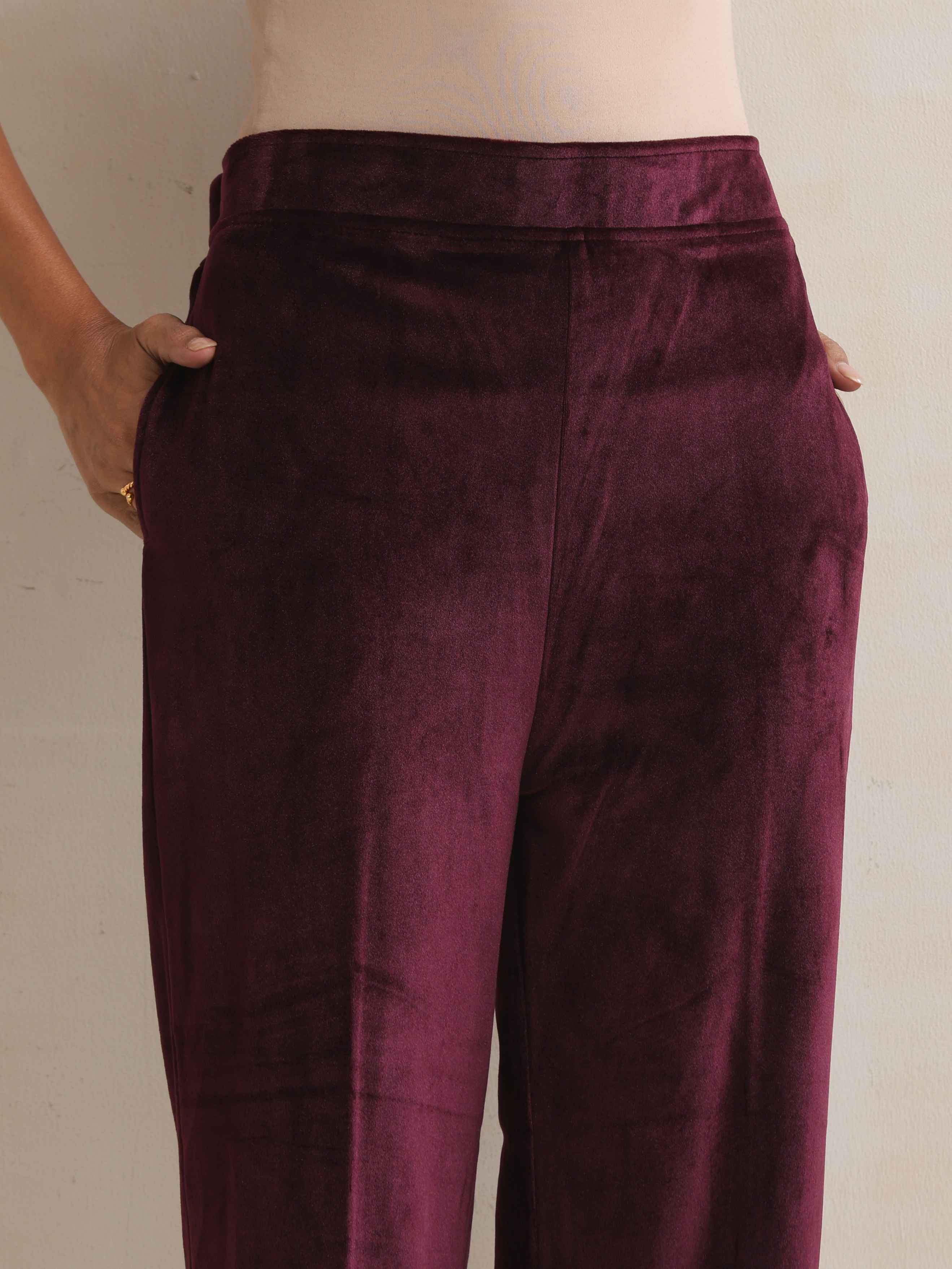 trueBrowns Purple Velvet Geometric Embroidered Kurta Pant Dupatta Set - Distacart