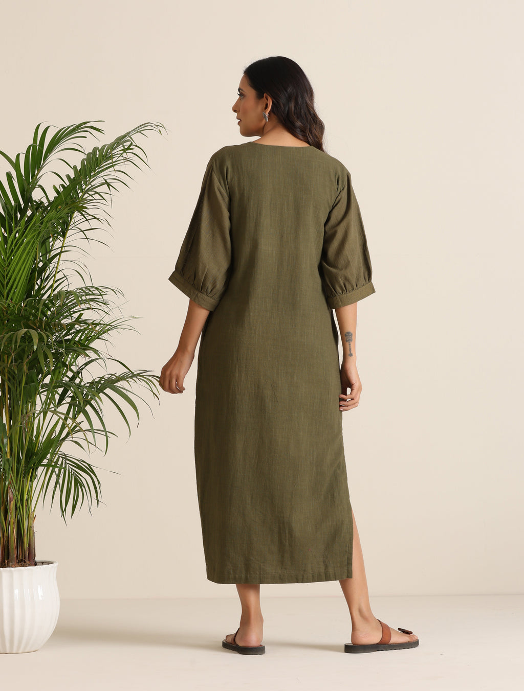 trueBrowns Olive Cotton Embroidered Dress - Distacart
