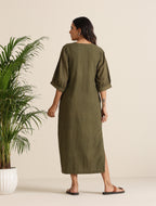 trueBrowns Olive Cotton Embroidered Dress - Distacart