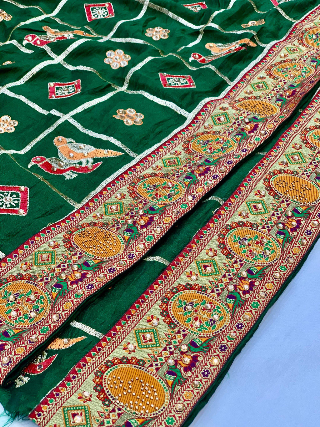 Lorenvalley Fashion Premium Green Vichitra Silk Embroidery and Diamond work Both Side Saree