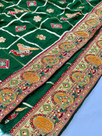 Lorenvalley Fashion Premium Green Vichitra Silk Embroidery and Diamond work Both Side Saree