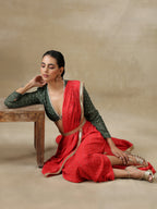 trueBrowns Red Bandhani Printed Silk Skirt Stitched Saree with Belt