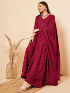 InWeave Women's Maroon Chikankari Long Anarkali Kurta Palazzo Set W Dupatta