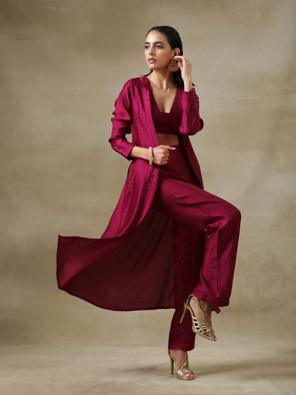 trueBrowns Purple Textured Silk Overlay Jacket Blouse Pant Set | Relove - Distacart