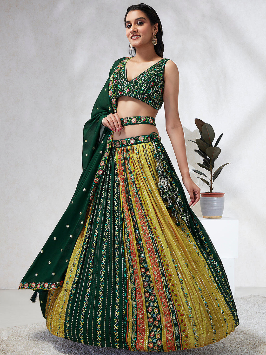 House of Panchhi Navy Blue Pure Georgette Sequins And Thread Embroidery Lehenga Choli & Dupatta