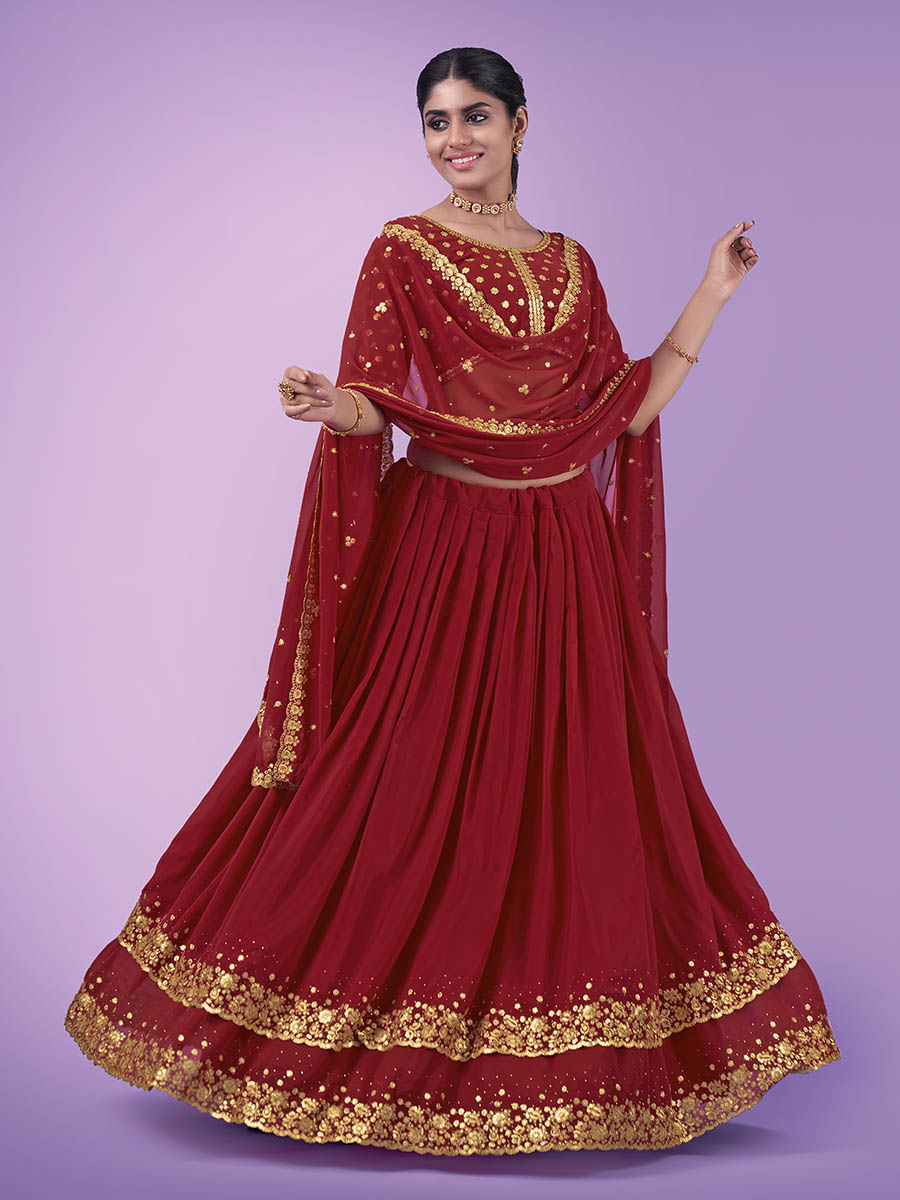 Myra Red Georgette Embroidered Designer Lehenga