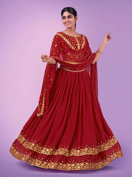 Myra Red Georgette Embroidered Designer Lehenga