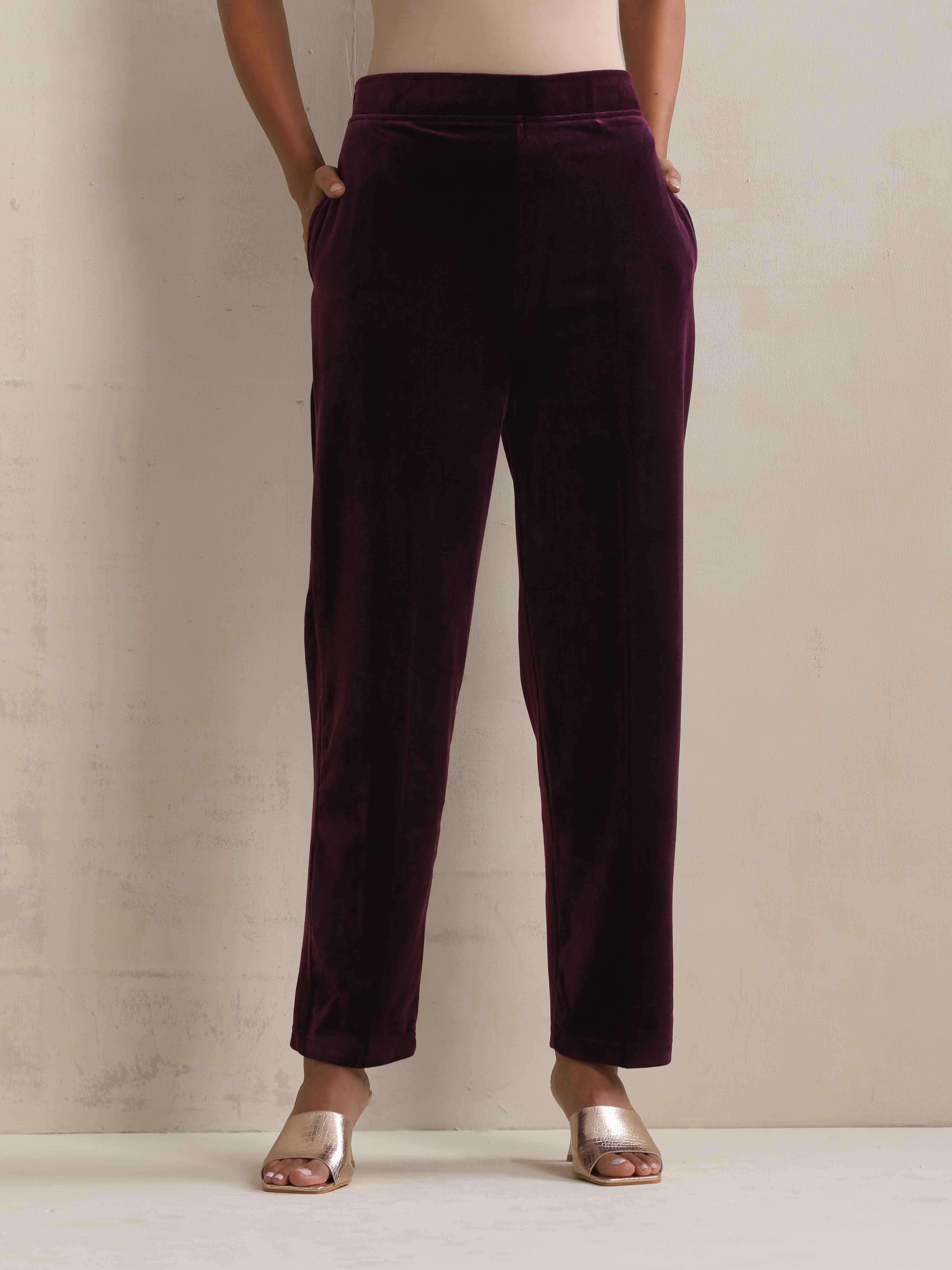 trueBrowns Purple Velvet Floral Embroidered Kurta Pant Dupatta Set - Distacart