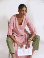 trueBrowns Red Cotton Stripe Straight Kurta Set - Distacart