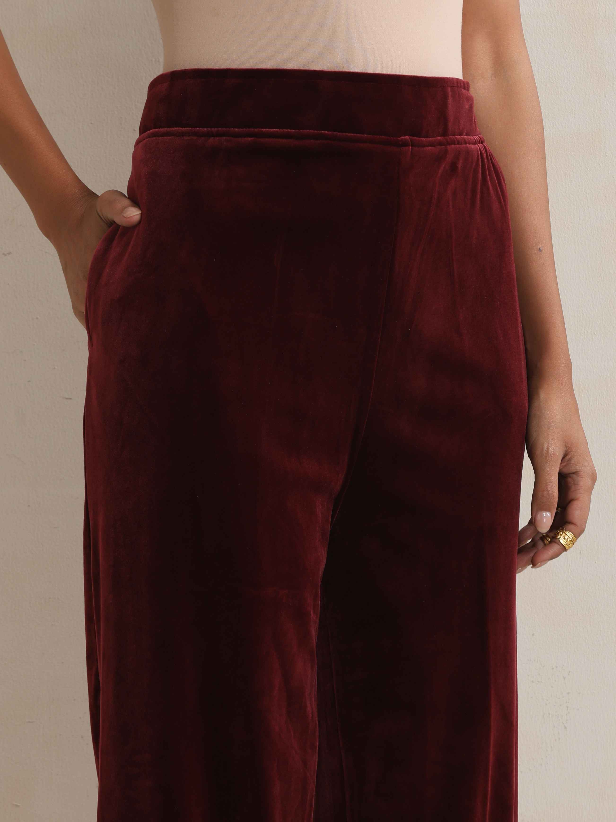 trueBrowns Maroon Velvet Embroidered Kurta Pant Dupatta Set - Distacart