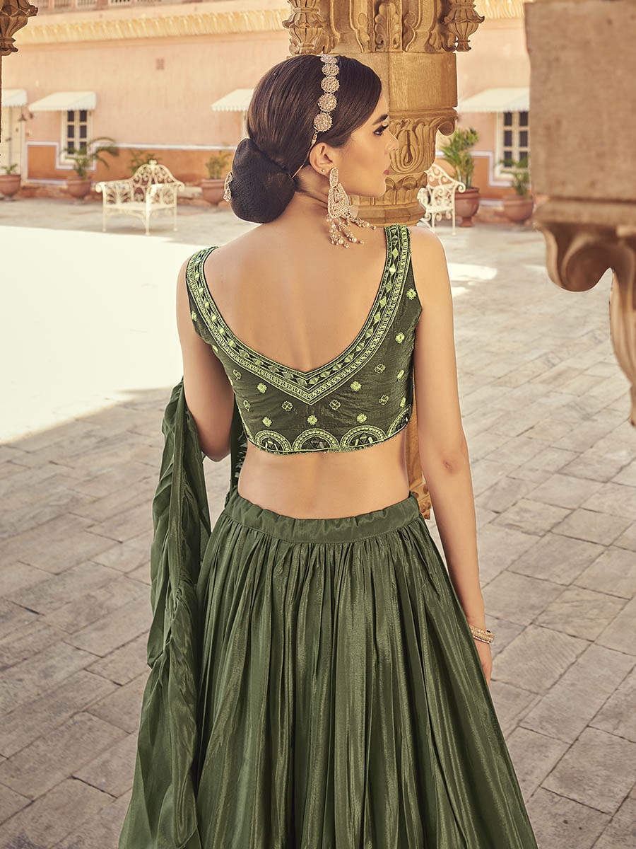 Myra Olive Chinon & Art SIlk Embroidered Designer Lehenga Choli