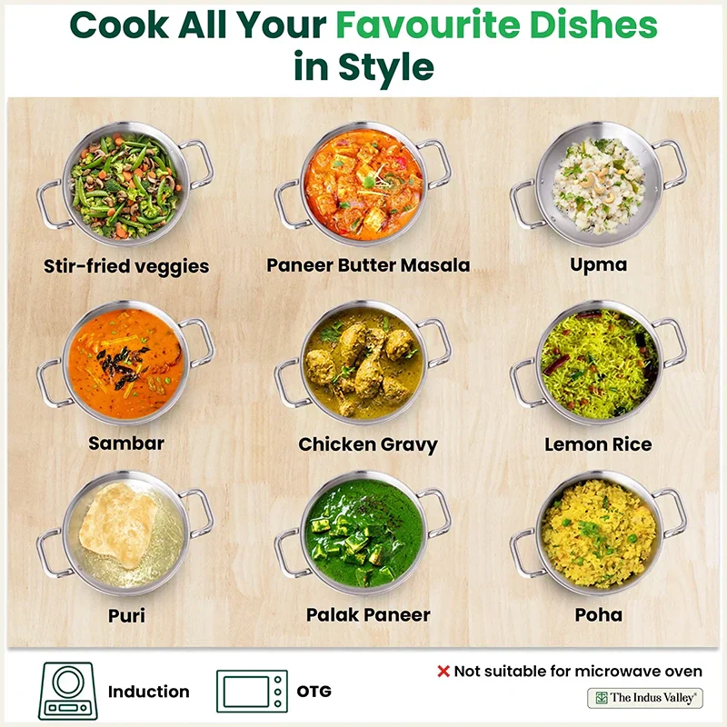 The Indus Valley TurboCuk Tri-ply Stainless Steel Kadai, Premium Quality, 3 Layer Thick Body, 100% Toxin-free, Non-stick, Induction & Gas, Free ₹110 Spatula, 1.7/2.7/3.5L