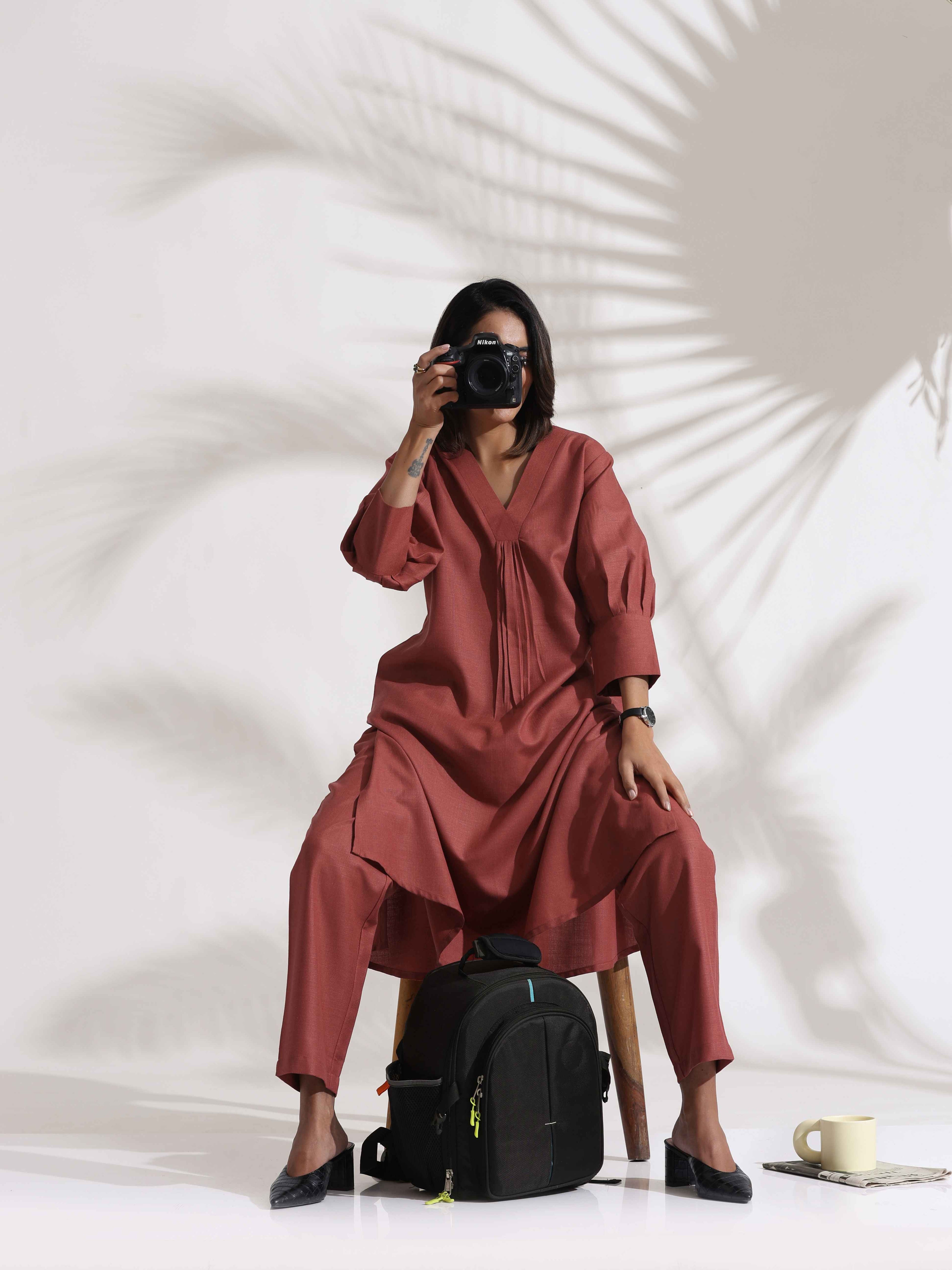 trueBrowns Pink Slub Kurta Set - Distacart