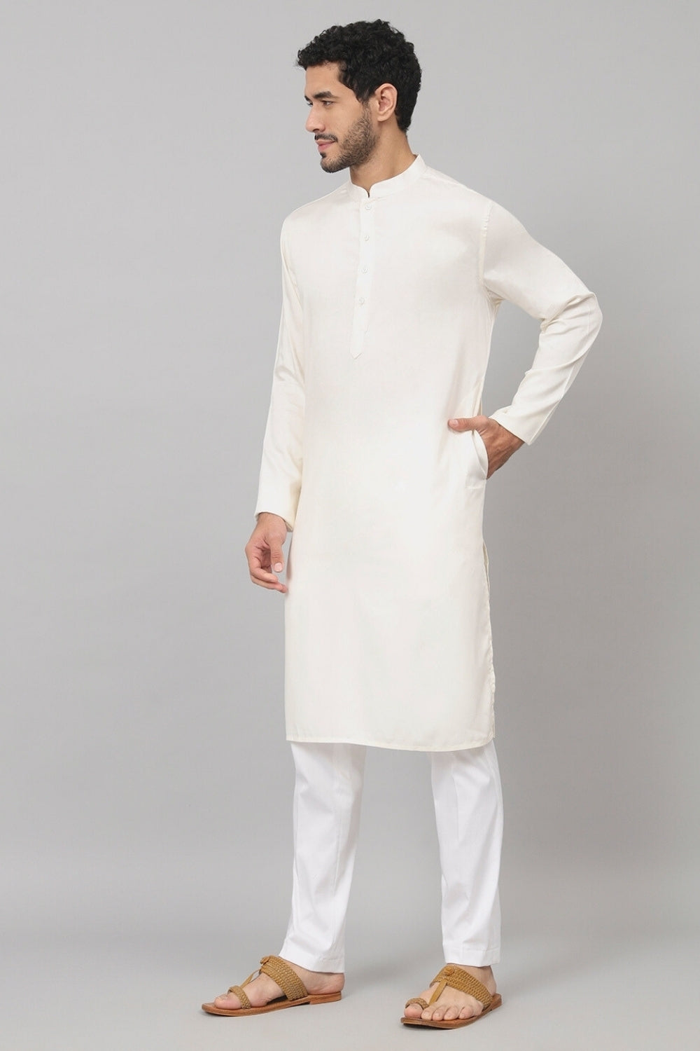 Giza Cotton Off White Plain Kurta by Hilo Design