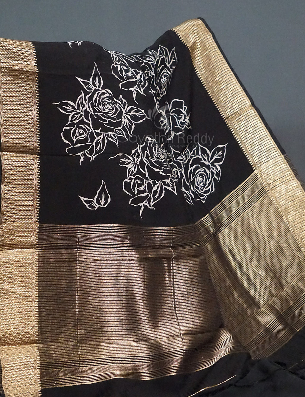 Shades of Black Floral Screen Dola Silk Saree By Gayathri Reddy Designer Studio