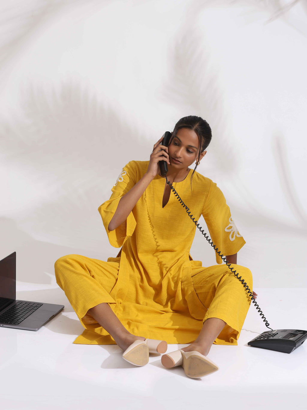 trueBrowns Yellow Cotton Slub Embroidered Straight Kurta Set - Distacart