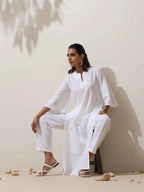 trueBrowns White Cotton Linen Kurta Pant Set - Distacart