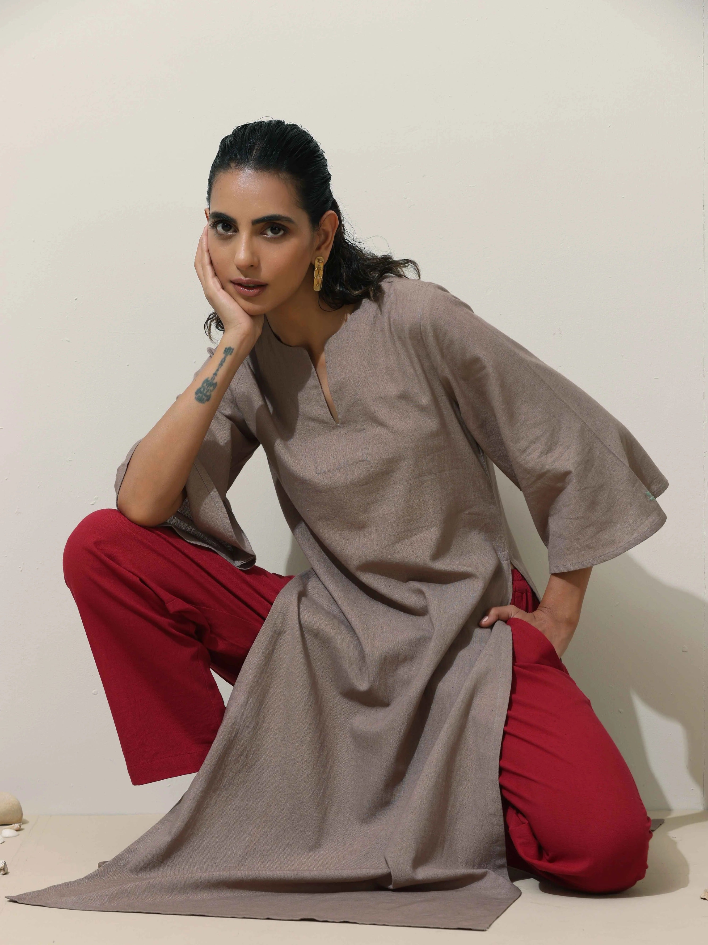 trueBrowns Grey Cotton Linen Kurta Pant Set - Distacart
