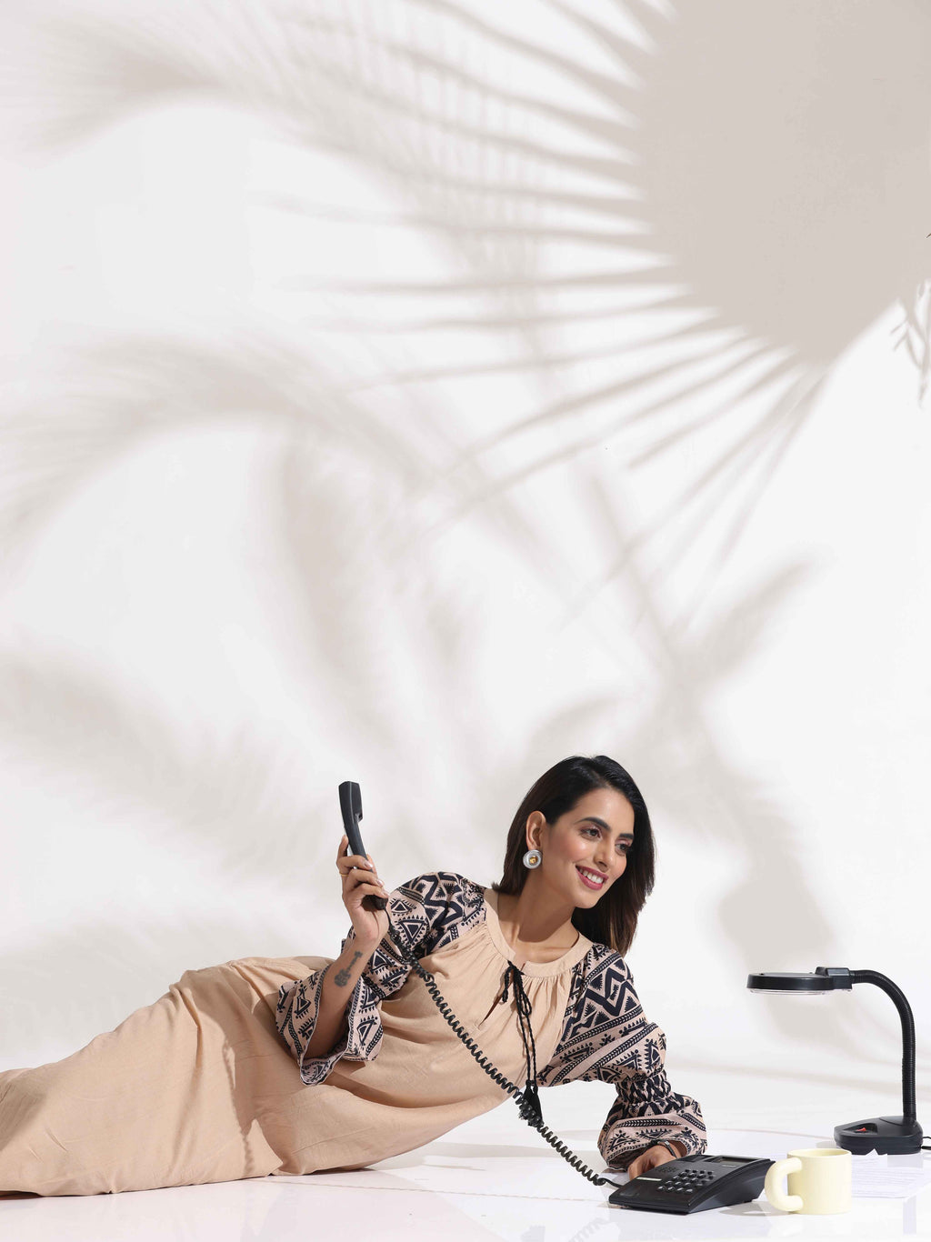 trueBrowns Beige Cotton Print Long Dress - Distacart