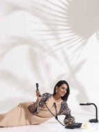 trueBrowns Beige Cotton Print Long Dress - Distacart