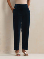 trueBrowns Blue Velvet Floral Embroidered Kurta Pant Dupatta Set - Distacart