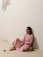 trueBrowns Pink Cotton Linen Kurta Pant Set - Distacart