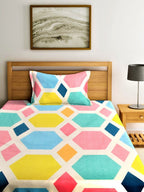 Home Sizzler Blue & Yellow Geometric 210 TC Single Bedsheet with 1 Pillow Covers - Distacart