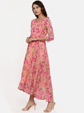 Souchii Pink & Yellow Floral Printed Fit & Flare Dress - Distacart