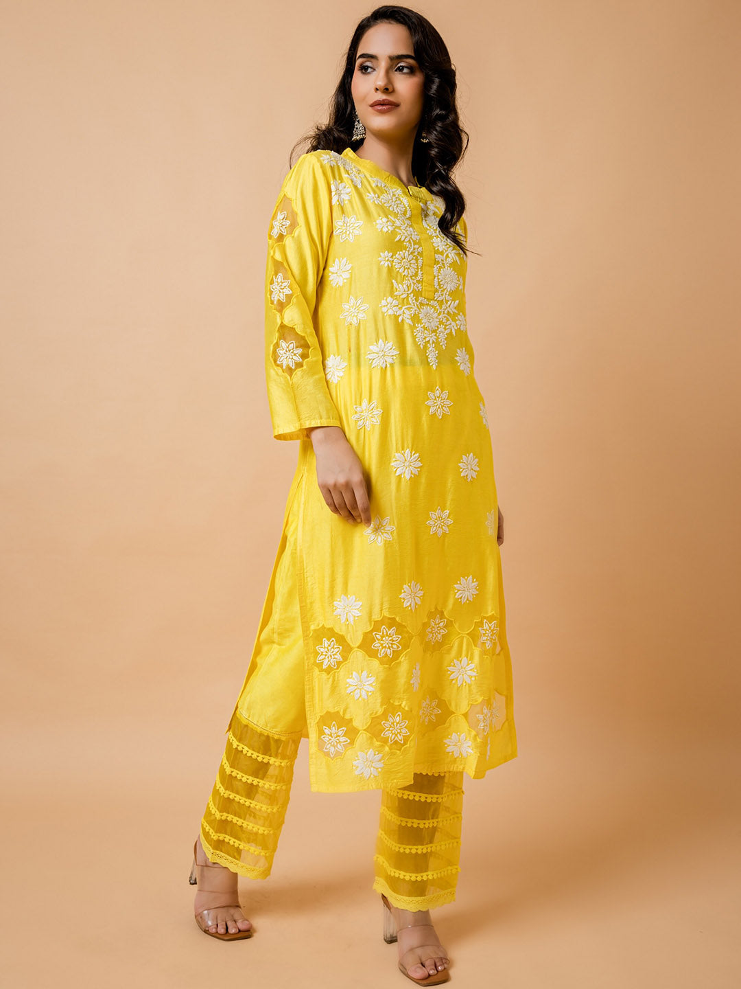 HOUSE OF KARI Floral Embroidered Chanderi Silk Chikankari Kurta