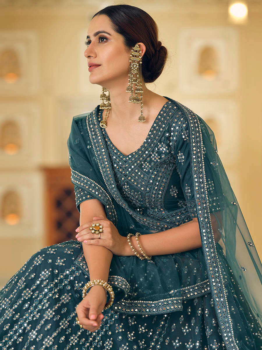 Myra Rama Blue Soft Net Embroidered Lehenga