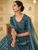 Myra Rama Blue Soft Net Embroidered Lehenga