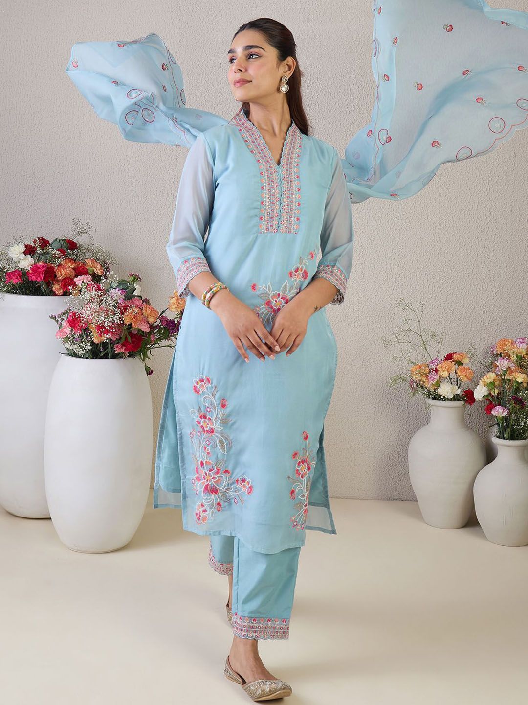 Indo Era Floral Embroidered V-Neck Thread Work Straight Kurta & Trousers & Dupatta - Distacart