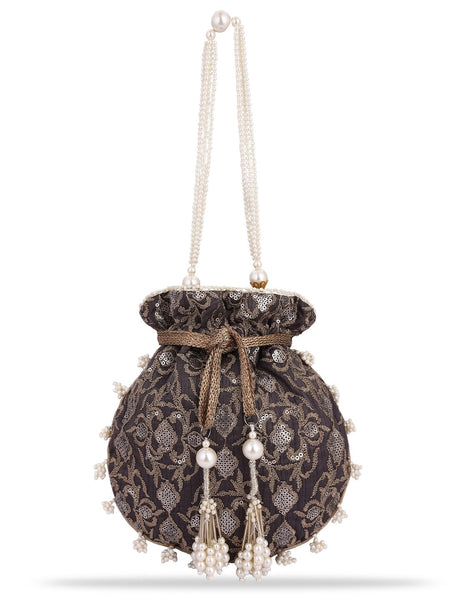 Masq Black & White Pearl & Sequinned Work Embellished Potli Clutch