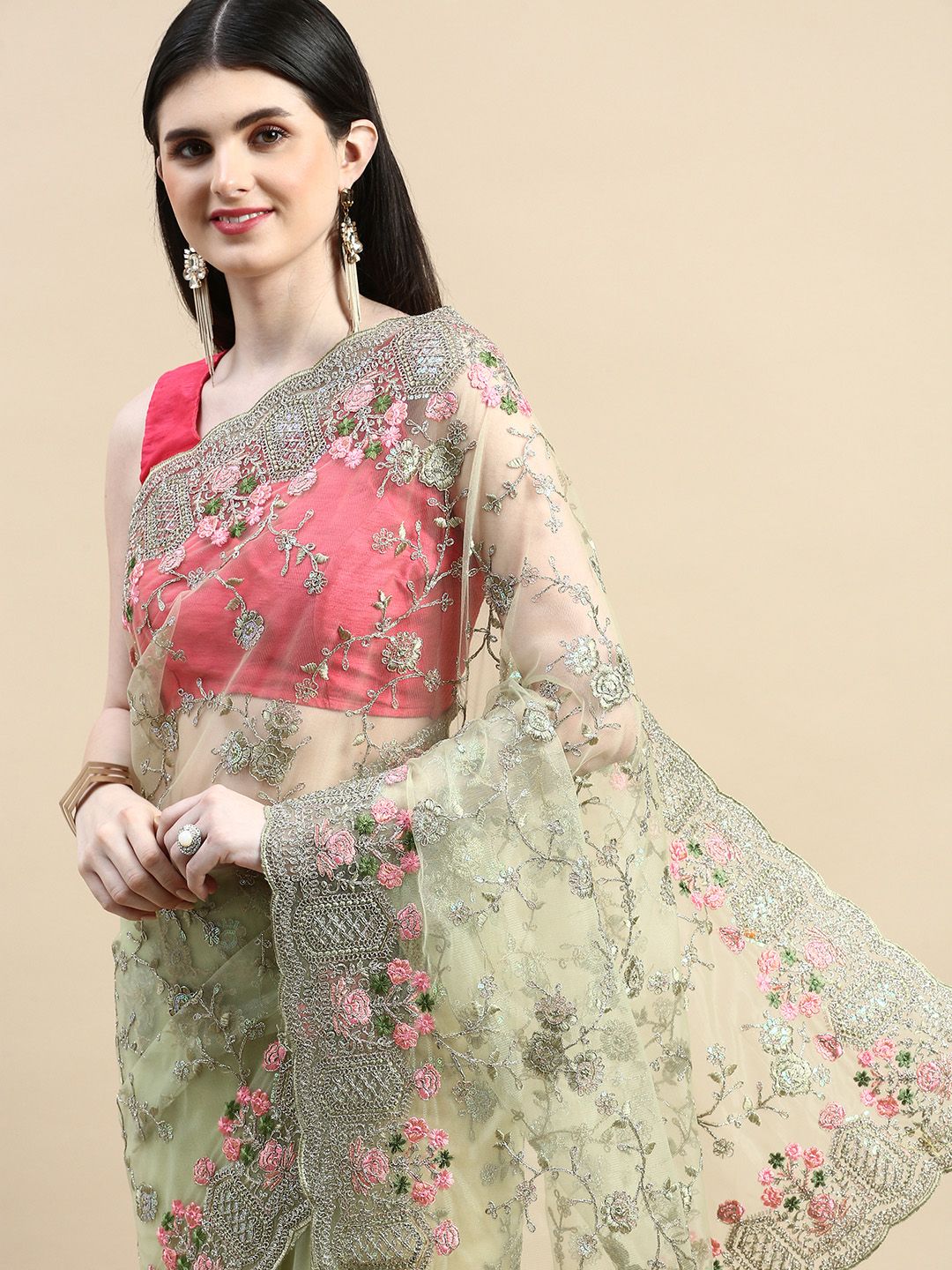 kasee Floral Embroidered Zari Net Saree - Distacart