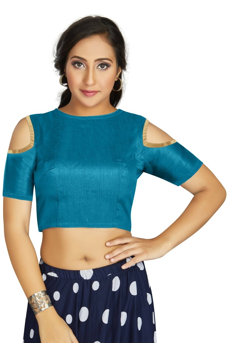 Aastha Fashion Women's Firozi Art Silk Cold Shoulder Sleeve Readymade Blouse