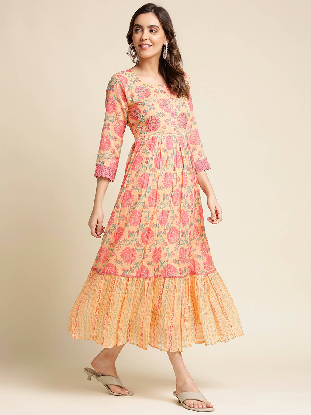 Peach Cotton Floral Printed Fit & Flare Dress - Yukti - Distacart