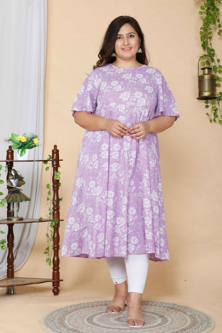 Miravan Women's Plus Size Lavender Floral Flared Sleeves Anarkali Kurta