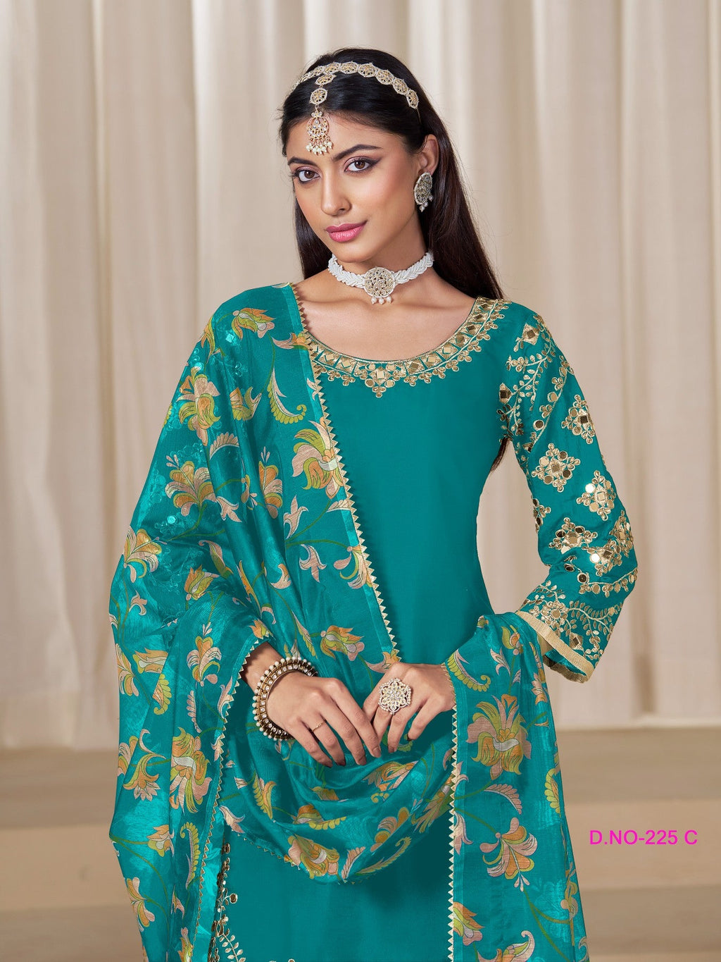 Anaita Teal-Blue Premium Embroidered Roman Silk Salwar Suit - Distacart