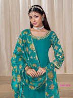 Anaita Teal-Blue Premium Embroidered Roman Silk Salwar Suit - Distacart