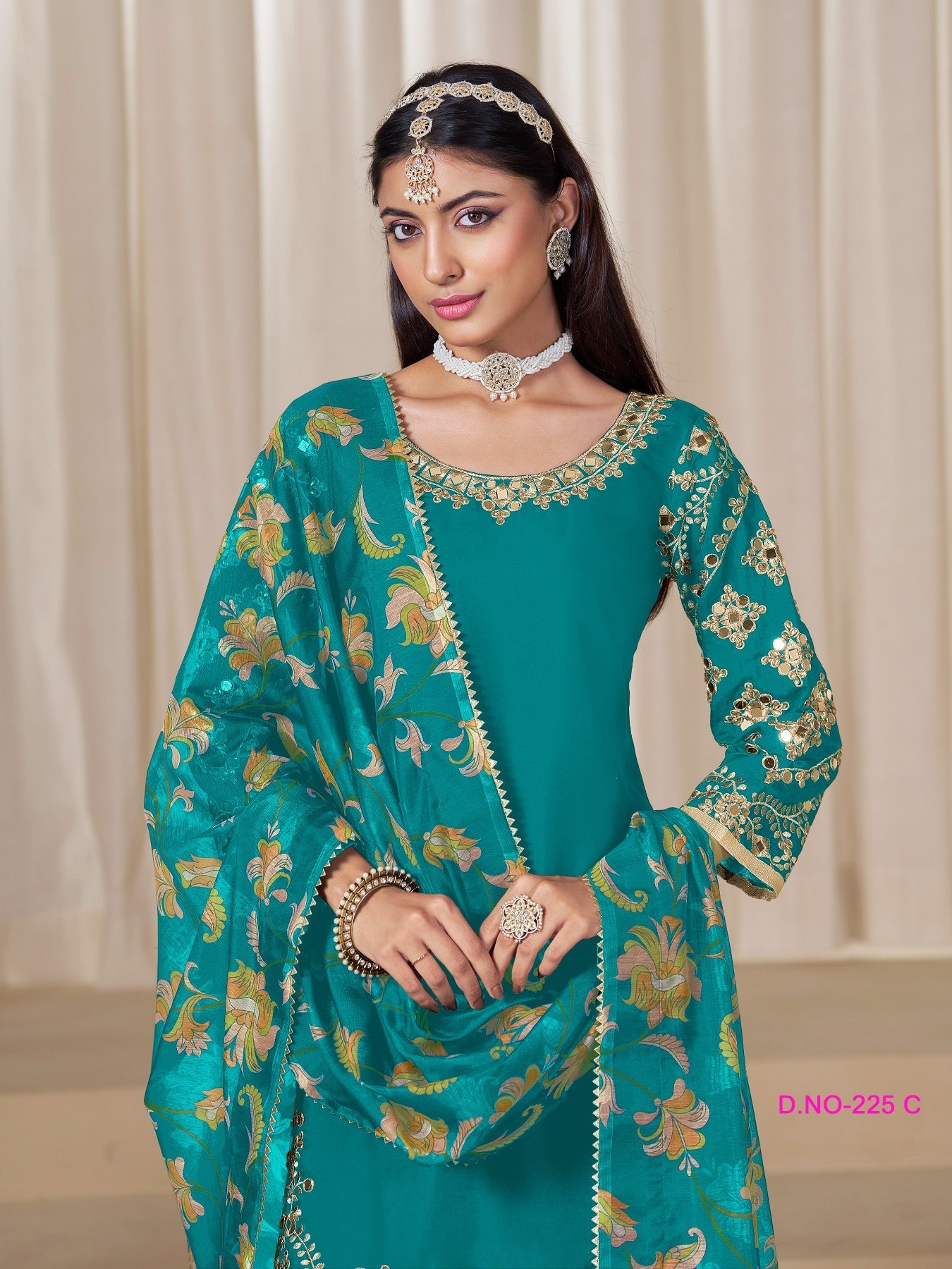 Anaita Teal-Blue Premium Embroidered Roman Silk Salwar Suit - Distacart