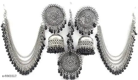 Tehzeeb Creations Women's Silver And Black Colour Oxidised Earrings With Tikka