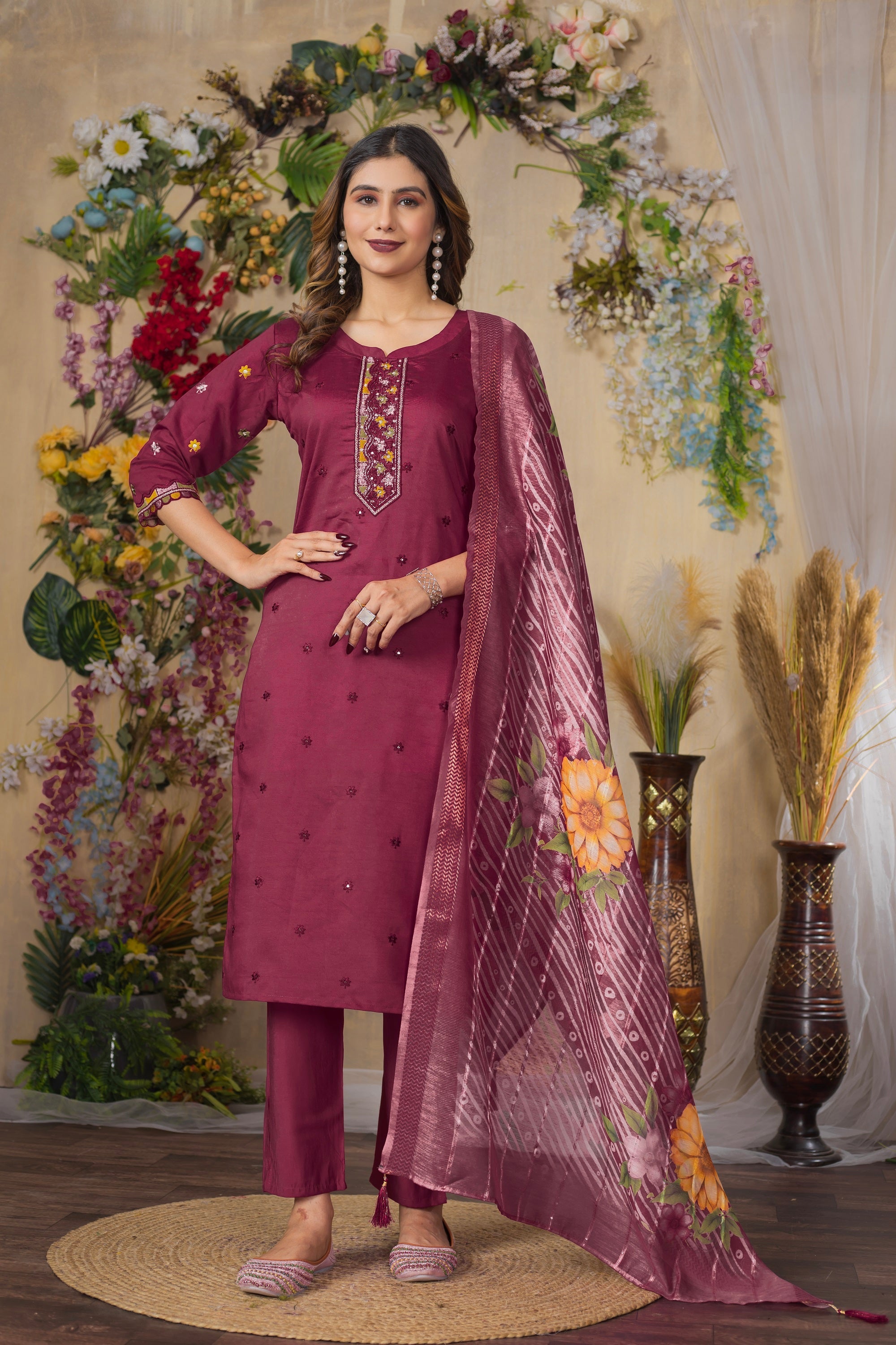 Vedant Vastram Roman Silk Embroidery & Sequence Work Stitched Kurta Pant Dupatta Set-Maroon - Distacart