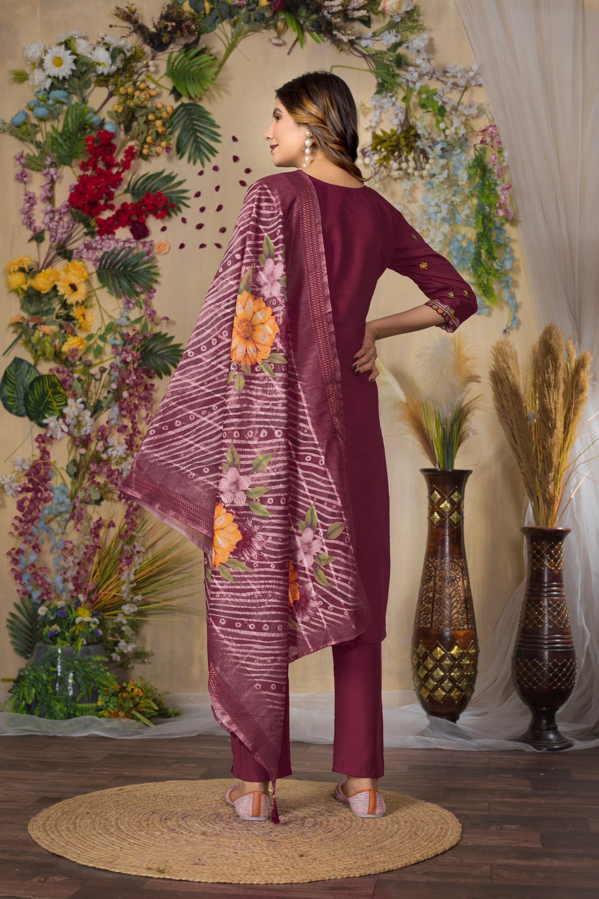 Vedant Vastram Roman Silk Embroidery & Sequence Work Stitched Kurta Pant Dupatta Set-Maroon - Distacart
