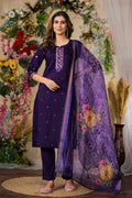 Vedant Vastram Roman Silk Embroidery & Sequence Work Stitched Kurta Pant Dupatta Set-Purple - Distacart